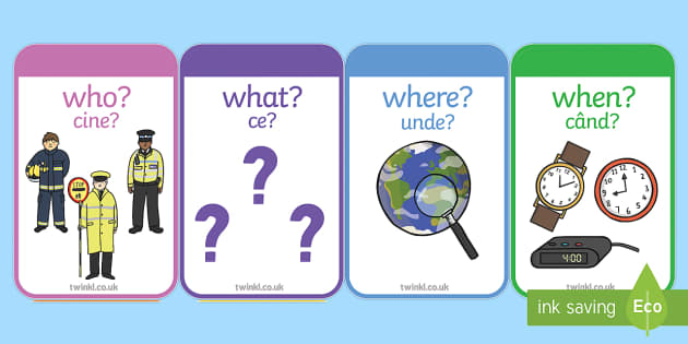 Who What Where When Word Cards Romanian (Lehrer gemacht)