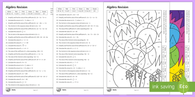 algebra revision differentiated color by numbers pack