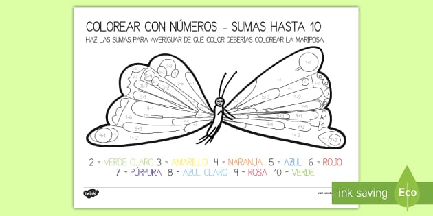 La Mariposa De La Pequena Oruga Glotona Las Sumas Hasta 10 Colorear Con El dibujo es un patrón de cuadrados pequeños con un número asignado, que corresponde a un color. la mariposa de la pequena oruga glotona