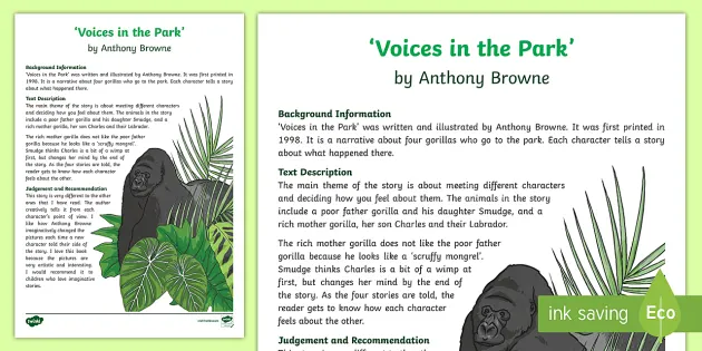 Voices In The Park By Anthony Browne Review Writing Sample