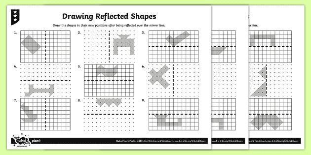 Drawing Reflected Shapes Differentiated Worksheet