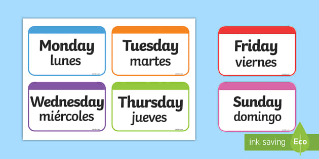 Lettering In Spanish Days Of The Week Monday Tuesday Wednesday