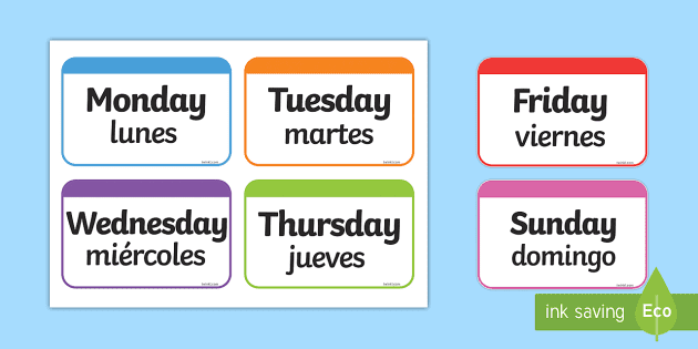 Days Of The Week Flashcards In Spanish And English