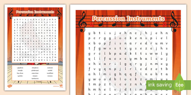 Percussion Instruments Word Search (Teacher-Made) - Twinkl