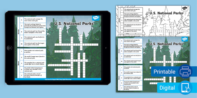U S National Parks Crossword Activity for 3rd 5th Grade