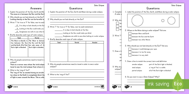 Solar Eclipse Differentiated Reading Comprehension Activity