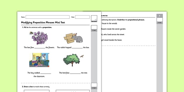 Y4 Modifying Prepositions Test Twinkl