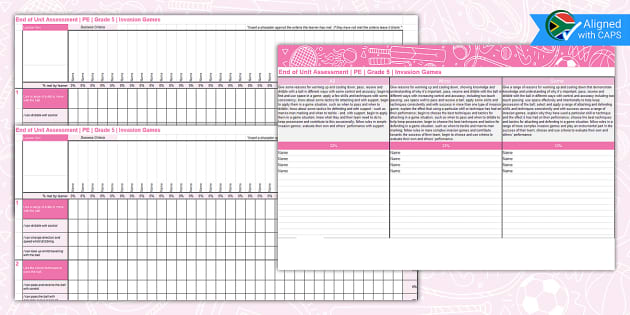 Grade 5 Physical Invasion Games Assessment Spreadsheet