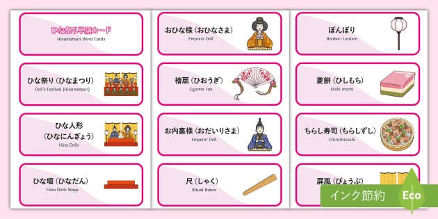ひな祭りの単語カード 日本語と英語 子供の英語教材