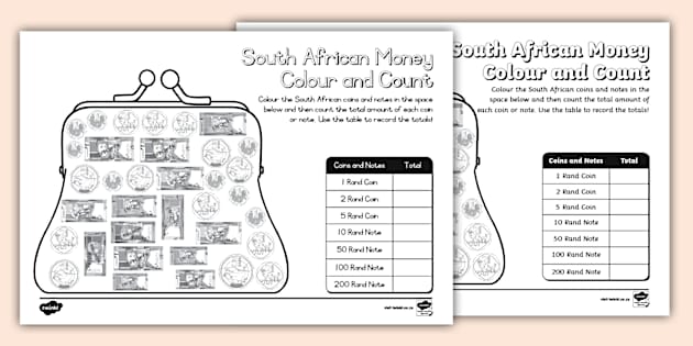 South African Money Colour and Count Worksheet - Twinkl