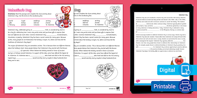 Sixth Grade Valentine&rsquo;s Day Cloze Reading Activity