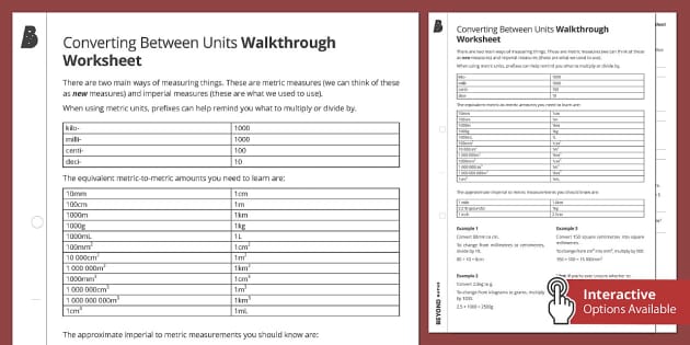 Converting Between Units Walkthrough Worksheet - Twinkl