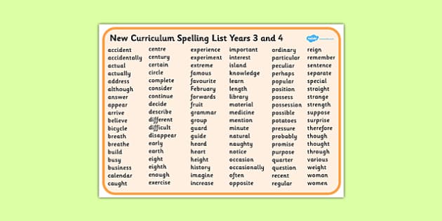 National Curriculum Spellings Year 3 And 4