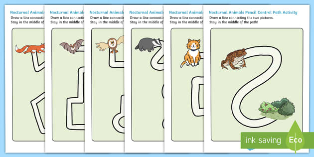 Nocturnal Animals Pencil Control Path Worksheets - Twinkl