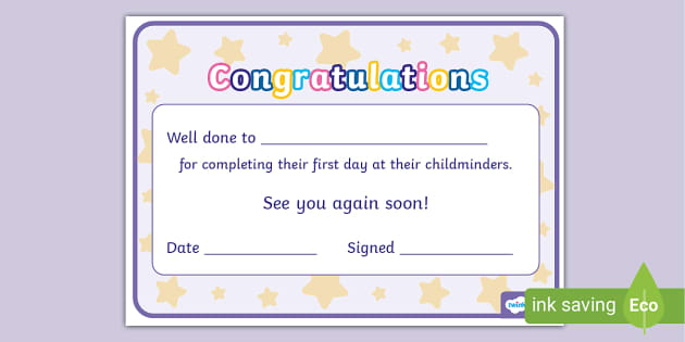 Starting at My Childminders: First Day Certificate - Twinkl