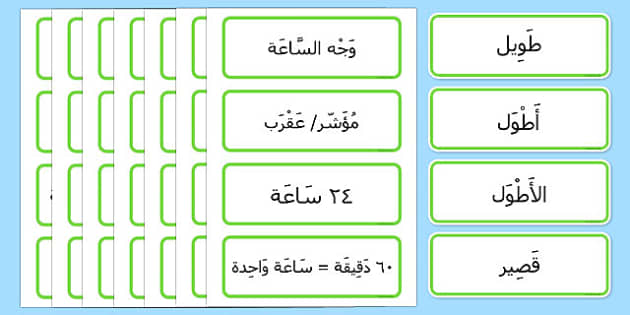 بطاقات مفردات الوقت - الزمن، الساعة، موارد تعليمية، عربي