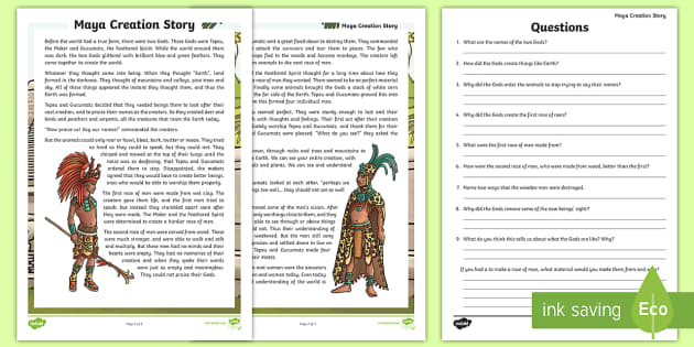 worksheet english articles Creation  Maya Story  ancient Civilisation Comprehension