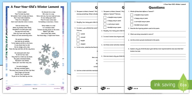 A Four Year Old S Winter Lament Poem Differentiated Worksheet Worksheet   T2 E 4560 Ks2 A Fouryearolds Winter Lament Poem Differentiated Activity Sheet English Ver 2 