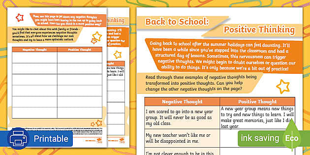 Back to School: Positive Thinking Activity Sheet - Twinkl