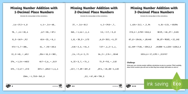 Missing Number Addition With Decimals Worksheet - Twinkl