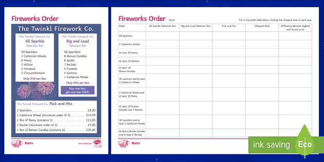 Maths Bonfire Night Fireworks Order Differentiated Worksheets