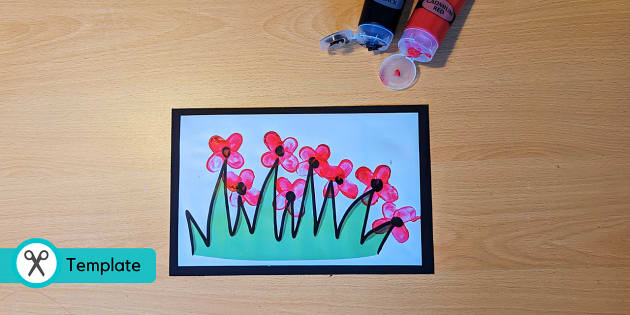 Remembrance Day greeting card. Beautiful red poppy flower on black  background with lettering Stock Photo