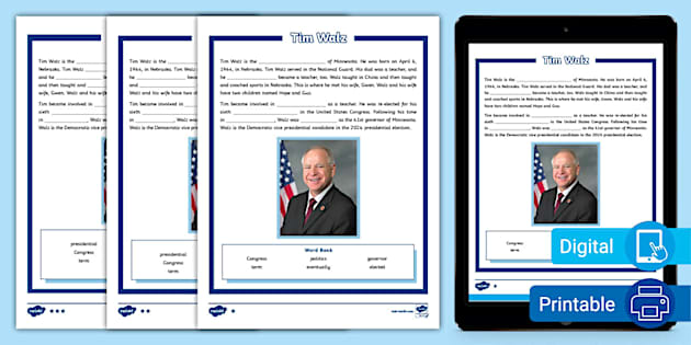 Third Grade Tim Walz Differentiated Cloze Reading Activity