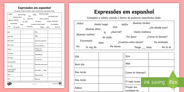 Tabela de expressões comuns em espanhol (teacher made)