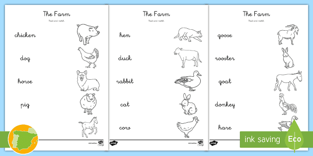 A2 Ficha de emparejar palabra con dibujo: Animales de granja en inglés