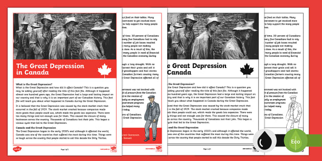 The Great Depression in Canada Fact File