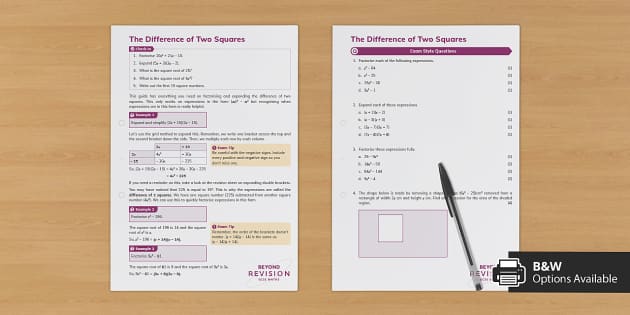 👉 Difference Of Two Squares Worksheet | Beyond Maths Revision