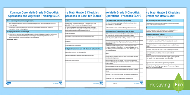 Fifth Grade Common Core Math Standards Teacher Checklist