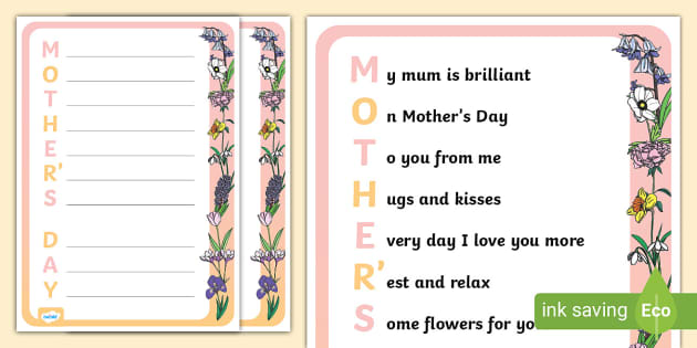 Mother #39 s Day Acrostic Poem Example (l #39 insegnante ha fatto)