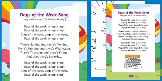 days of the week song starfall