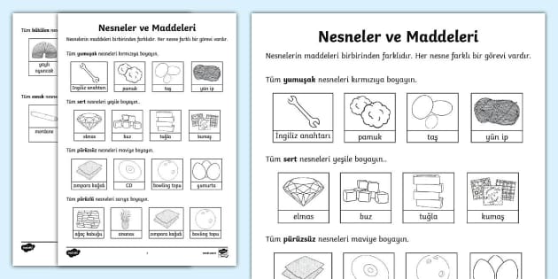 Nesneler ve Maddeleri Bul-Boya Etkinliği (teacher made)