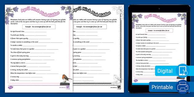 April Hink Pink Riddles Worksheet for 6th 8th Grade Twinkl