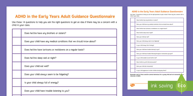 Adhd At Eyfs Questionnaire Adult Guidance Teacher Made 