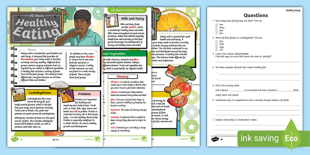 Uks2 All About Healthy Eating Reading Comprehension Activity