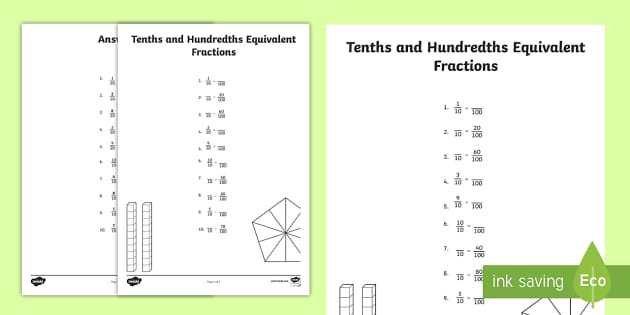 Tenths and Hundredths Equivalent Fractions Worksheet