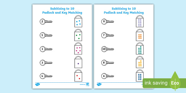 👉 Subitising Numbers to 10 Padlock And Key Matching Activity