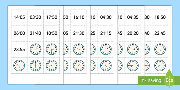 Telling The Time 24 Hour Pelmanism Game With 5 Minute Intervals
