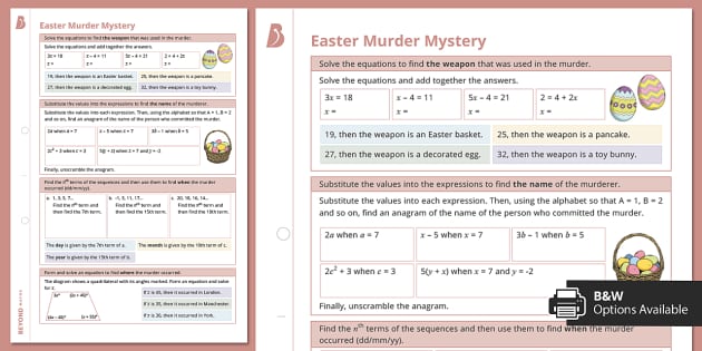 Easter Murder Mystery (Algebra) Worksheet / Worksheet