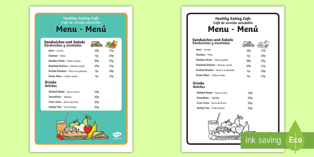 Healthy Eating Cafe Role-Play Menu - English / Spanish - Healthy Eating Cafe