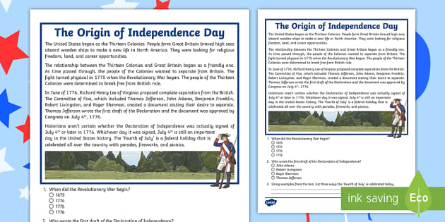 Fifth Grade The Origin of Independence Day Reading Passage Comprehension