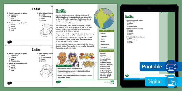 Third Grade India Fact File and Vocabulary Questions