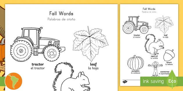 Fall Words Coloring Worksheet Worksheet English Spanish Fall Themed