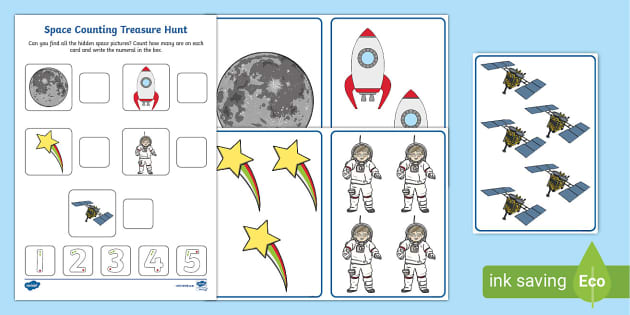 👉 Space Numbers 1-5 Counting Treasure Hunt (teacher made)