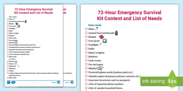 FREE! - 72-Hour Emergency Survival Kit Content and List of Needs