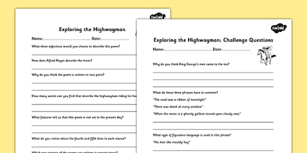 The Highwayman Poem Questions - highwayman, alfred noyes