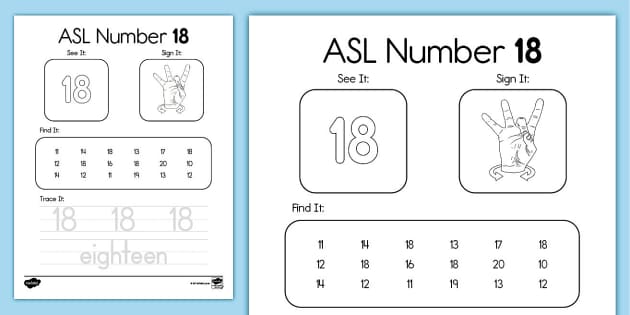 ASL Number 18 Worksheet (teacher made) - Twinkl